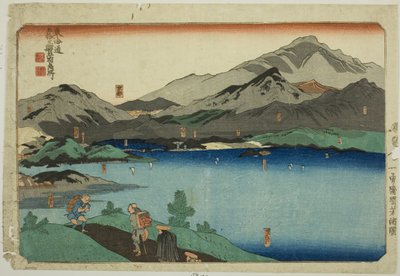 Minakuchi, Ishibe, Kusatsu, Otsu og Kyoto, fra serien "Famous Places on the Fifty-tre Stations of the Tokaido, Five Stations (Tokaido gojusan eki goshuku meisho)" av Utagawa Kuniyoshi