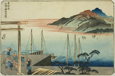 Miya, Kuwana, Yokkaichi og Ishiyakushi, fra serien "Famous Places on the Fifty-tre Stations of the Tokaido, Four Stations (Tokaido gojusan eki yonshuku meisho)" av Utagawa Kuniyoshi