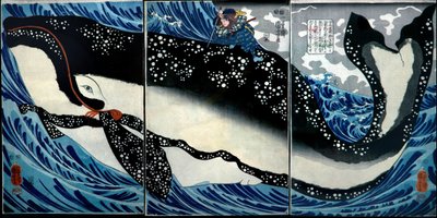 Miyamoto Musashi dreper en enorm hval, ca. 1847 av Utagawa Kuniyoshi