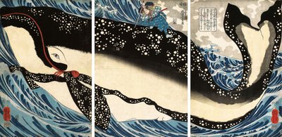 Miyamoto no Musashi angriper den gigantiske hvalen av Utagawa Kuniyoshi