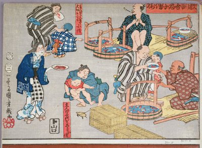 Moralsk undervisning for shopboys, gir gode og dårlige eksempler på oppførsel, 1857 (farget treblokktrykk) av Utagawa Kuniyoshi
