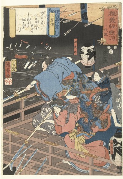 Natt angrep på Horikawa-palasset En biografi om Yoshitoshi, kjæresten til Minamoto (serietittel) Hodo Yoshitsune koi no Minamoto ichidaikagami (serietittel på objekt) av Utagawa Kuniyoshi