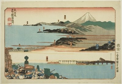 Nihonbashi, Shinagawa, Kawasaki og Kanagawa, fra serien "Famous Places on the Fifty-tre Stations of the Tokaido, Four Stations (Tokaido gojusan eki yonshuku meisho)" av Utagawa Kuniyoshi
