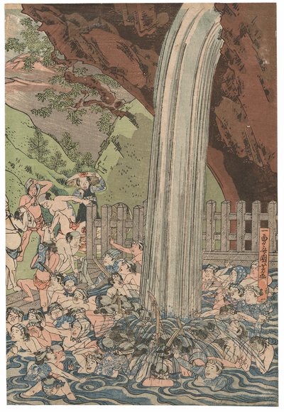 Pilegrimer ved Roben-fossen ved Oyama, signert Ichiyusai Kuniyoshi, utgitt av Azumaya Daisuke, kiwame-sel, Oban tate-e triptych (treblokktrykk i farger) av Utagawa Kuniyoshi