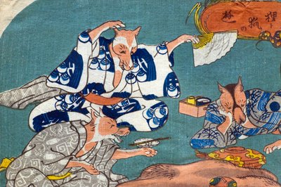Racoon Dog and Fox at Play (Tanuki to kitsune no asobi), ca. 1842 av Utagawa Kuniyoshi