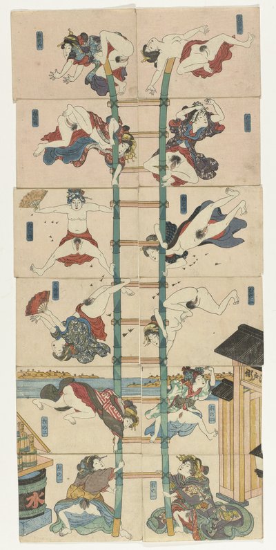 Serie van twaalf koban Shunga met prostituées in de rol van acrobatische brandweerlieden   1382901   no       norwegian Successfully Translated  Original: Beroemde gezichten op Japan Fuso meisho zue (title on object) Translat: Beroemde gezichten op Japan F av Utagawa Kuniyoshi