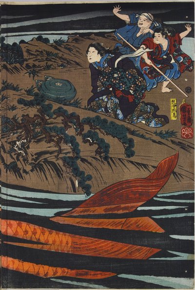 Ark fra en triptyk med farget treblokk, som viser Oniwaka-maru (den fremtidige Musashibo Benkei) i ferd med å angripe den gigantiske karpen som slukte moren hans: Japan, Edo, av Utagawa Kuniyoshi, ca. 1845 av Utagawa Kuniyoshi