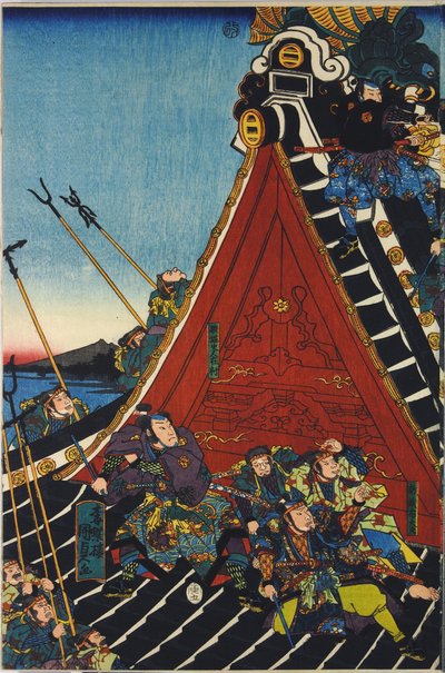 Ark fra en triptyk med farget treblokk, med tittelen H?ryukaku sh? no zu som viser en scene fra Hakkenden i Takizawa Bakin som viser en kamp på tempeltaket mellom Inuzuka Shino av Utagawa Kuniyoshi