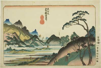 Shono, Kameyama, Seki, Sakanoshita og Tsuchiyama, fra serien "Famous Places on the Fifty-tre Stations of the Tokaido, Five Stations (Tokaido gojusan eki goshuku meisho)" av Utagawa Kuniyoshi
