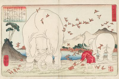 Taishun som hakker en åker ved hjelp av elefanter og en flokk spurver, signert Ichiyusai Kuniyoshi ga, ca. 1843 (farget treblokktrykk) av Utagawa Kuniyoshi