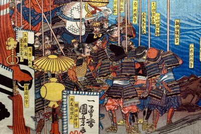Takeda Shingen knuser kreftene til Suwa Yorishige (Takeda Shingen Suwa Yorishige no jinchū o uchi-kuzusu zu), ca. 1850-51 av Utagawa Kuniyoshi