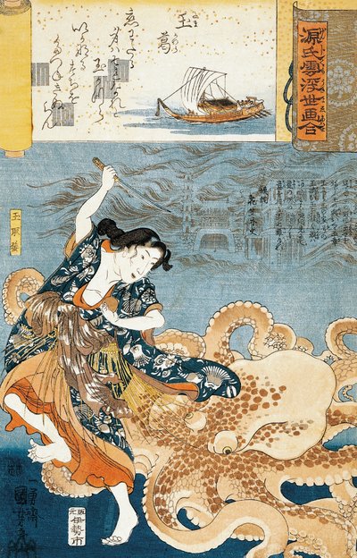 Tamatori (kvinnelig ama dykker), blir angrepet av blekksprut mens han griper hellig juvel av Utagawa Kuniyoshi