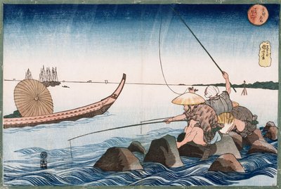 Three Anglers Fishing at Teppozu", fra serien "Famous Places of the Eastern Capital" av Utagawa Kuniyoshi