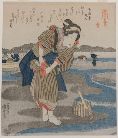 Kvinne fester skjørtene; fra serien Five Pictures of Low Tide av Utagawa Kuniyoshi