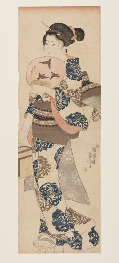 Kvinne med vifte og insektbur (farget treblokktrykk) av Utagawa Kuniyoshi