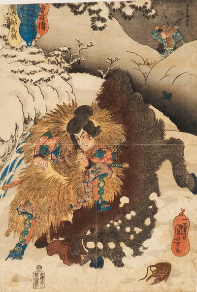 Treblokktrykk - Chinzei Hachiro Tametomo styrter et villsvin i de snødekte fjellene i Mashik av Utagawa Kuniyoshi