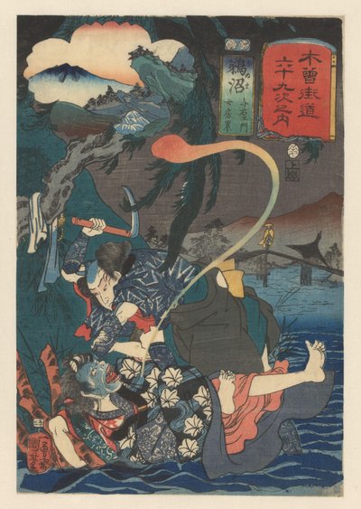 Yoemon dreper Kasane nær elven Sixty-Nine Stations of the Kisokaido (serietittel på objekt) av Utagawa Kuniyoshi