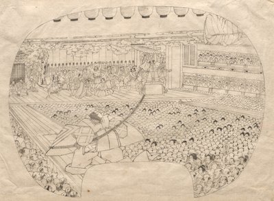 Design for vifteformet trykk av Kabuki Theatre av Utagawa Sadahide