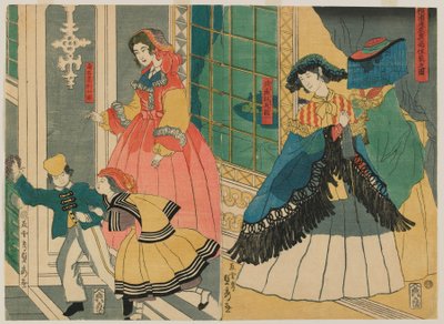 Bilde av boligen til en utenlandsk kjøpmann fra utlandet: Portugal og Sør-Amerika, Edo-perioden, 1861 (farget treblokktrykk) av Utagawa Sadahide