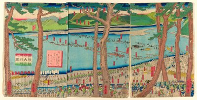 P Roterende lyd av Minamoto no Yoritomo a c Ross tee Rive r av Utagawa Sadahide