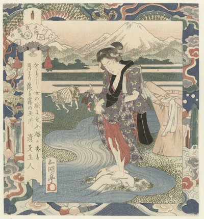 Kvinne vasker klær i elven Chôbû-elven i Musashi, nummer fire Musashi - sono yon (tittel på objekt) The Six Jewel Rivers (serietittel) Mutamagawa no uchi (serietittel på objekt) av Utagawa Sadakage