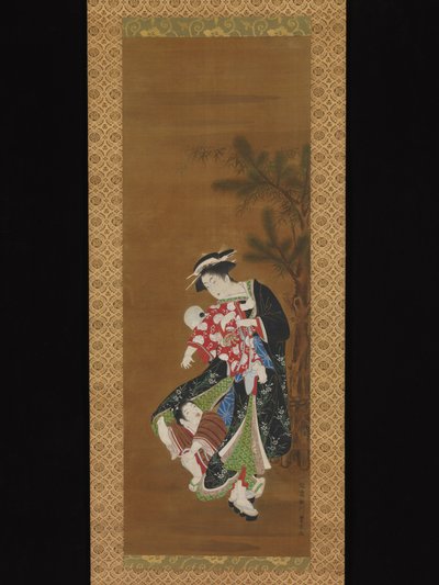 Mutter und Kinder zu Neujahr av Utagawa Toyoharu