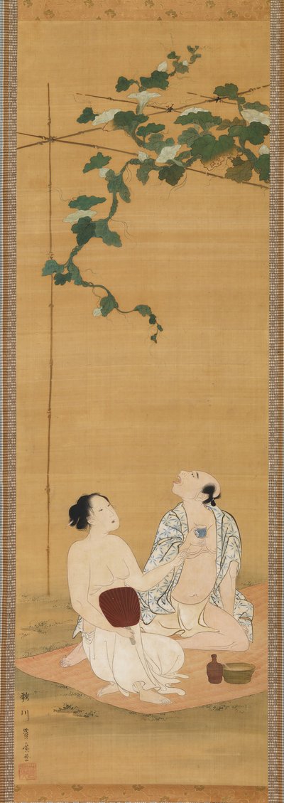 Nyter den kjølige kvelden under en kalebass-espalier, tidlig på 1800-tallet. av Utagawa Toyohiro