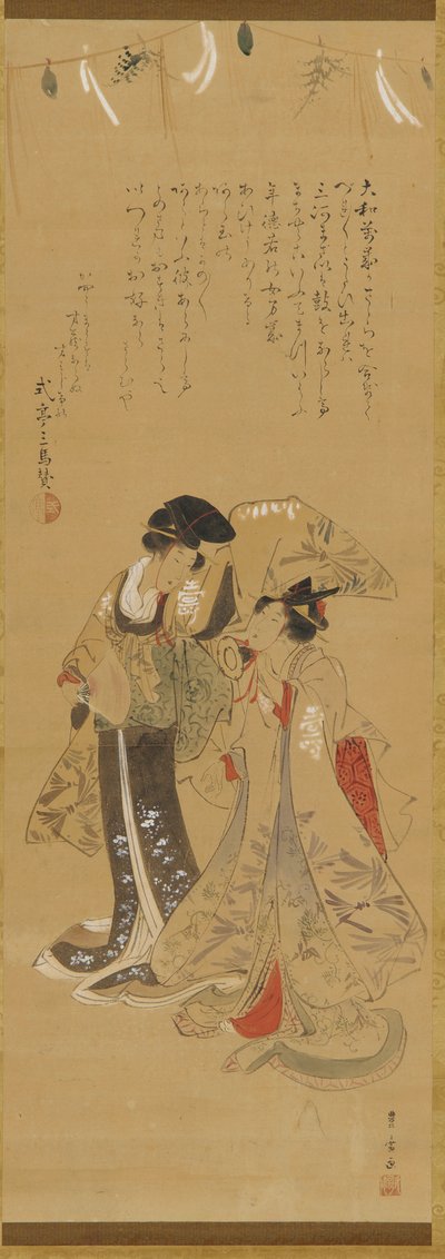 Two girls dressed as manzai performers, Edo period, 1773-1828.    1158083   no       norwegian Successfully Translated  Original: Gezicht op Stoke-by-Nayland Stoke by Neyland, Suffolk (title on object) Translat: Gezicht op Stoke-by-Nayland Stoke by Neyland av Utagawa Toyohiro