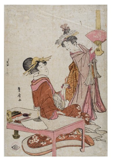 To kvinnefigurer med fans av Utagawa Toyohiro