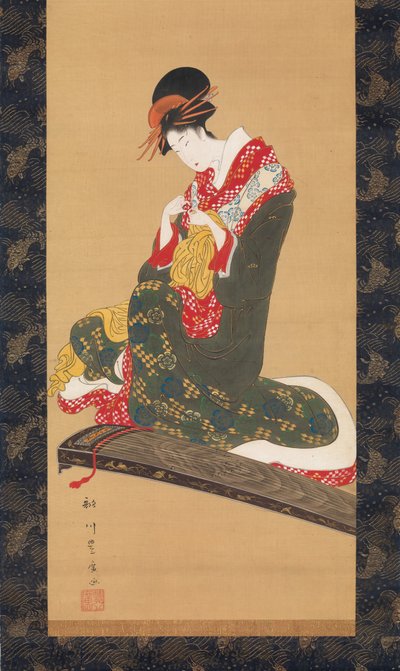 Kvinne som setter på fingerplekter for å spille Koto, tidlig på 1800-tallet. av Utagawa Toyohiro
