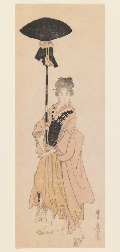 Ung kvinne bærer utsmykket stang for en prosesjon, ca. 1805-6 (treblokktrykk, trykk i smal koban tate-e surimono-stil) av Utagawa Toyohiro