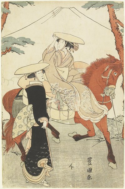(To kvinner, en gående, en på hesteryggen), sent på 1700- og begynnelsen av 1800-tallet av Utagawa Toyokuni