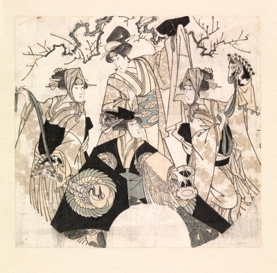 Skuespillere som fremfører scenedans av de fire Onnagataene, ca. 1800-05 (fargetresnitt) av Utagawa Toyokuni