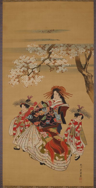 Kurtisane med to kamuro under kirsebærblomster av Utagawa Toyokuni