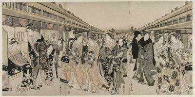 Kurtisaner som promenerer på Nakanochō av Utagawa Toyokuni