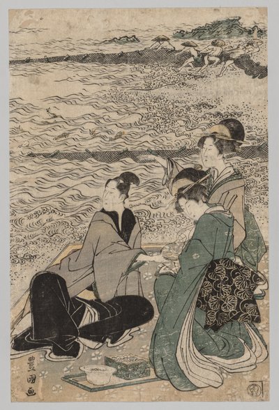 Mann og to kvinner ved kysten, 1769-1825. av Utagawa Toyokuni