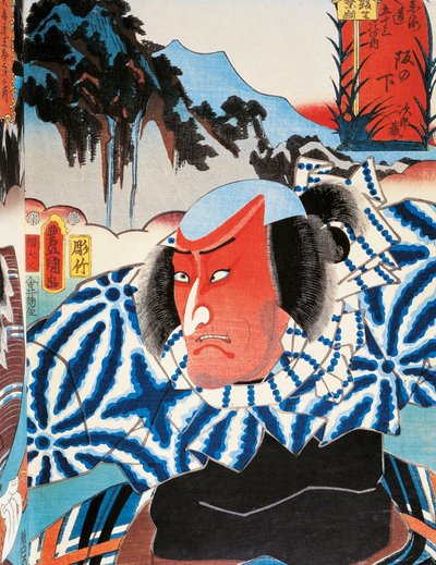 Portrett av en Kabuki teaterskuespiller rød i ansiktet av sinne, ukiyo-e kunsttrykk av Utagawa Toyokuni (1769-1825), tresnitt, japansk sivilisasjon, Edo-perioden av Utagawa Toyokuni