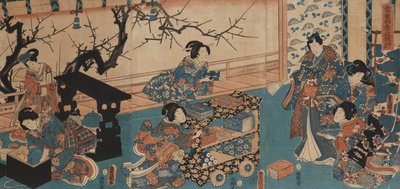Forbereder til vårens diktlesning (treblokk montert om bord) av Utagawa Toyokuni