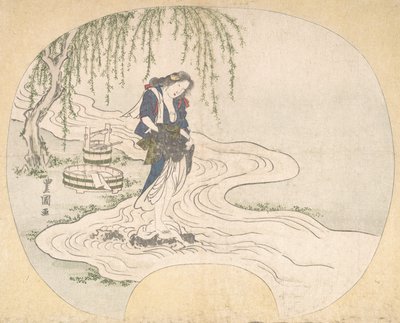 En kvinne står på en stein i en bekk og vasker klær, ca. 1828. av Utagawa Toyokuni II
