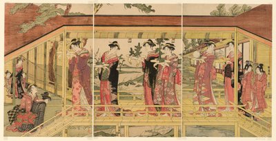 En prosesjon av kvinner som holder shimadai-dekorasjoner av Utagawa Toyokuni I