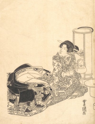 Courtesane eller skuespiller som kurtisane som skjenker te ved lyset fra en lykt. av Utagawa Toyokuni I