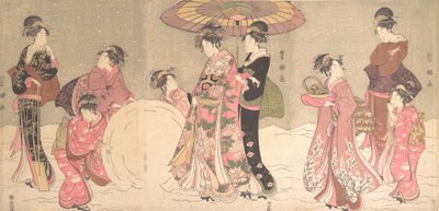 Kurtisaner og ledsagere lager en gigantisk snøball, ca. 1796. av Utagawa Toyokuni I