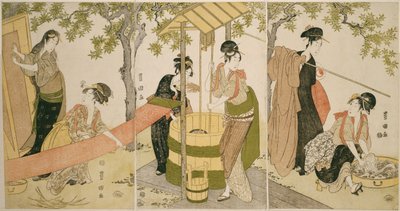 Vaskeri ved brønnkanten (Idobata no sentaku to araihari) av Utagawa Toyokuni I