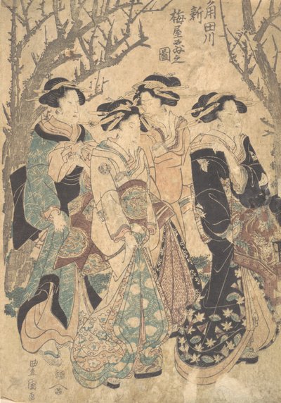 Fire kvinner passerer en gruppe trær. av Utagawa Toyokuni I