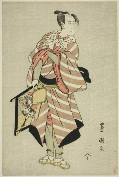 Skuespilleren Sawamura Sojuro III som pakkehestmannen Muchizo i stykket "Miyamairi Musubi no Kamigaki," fremførte på Kiri Theatre i den ellevte måneden, 1797 av Utagawa Toyokuni I