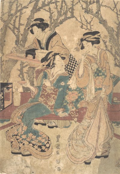 Tre kvinner som spiser før en gruppe trær. av Utagawa Toyokuni I