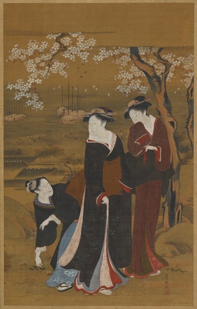 Tre kvinner under et blomstrende kirsebærtre ved kysten, 1769-1825. av Utagawa Toyokuni I