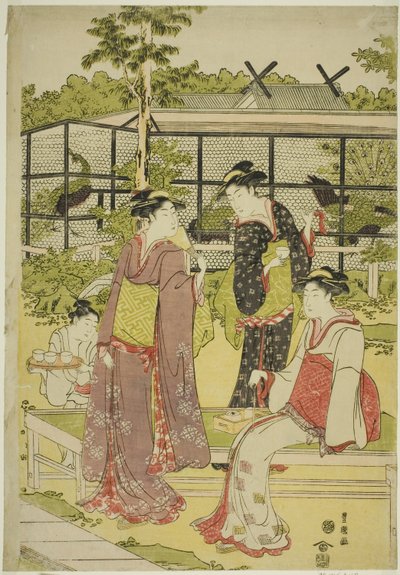 Kvinner besøker fugle- og blomstertehuset (Kachojaya) av Utagawa Toyokuni I