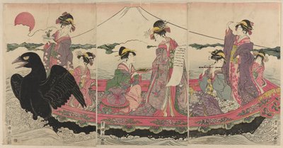 Kvinner på en båt ved nyttår imiterer de syv lykkegudene av Utagawa Toyokuni I