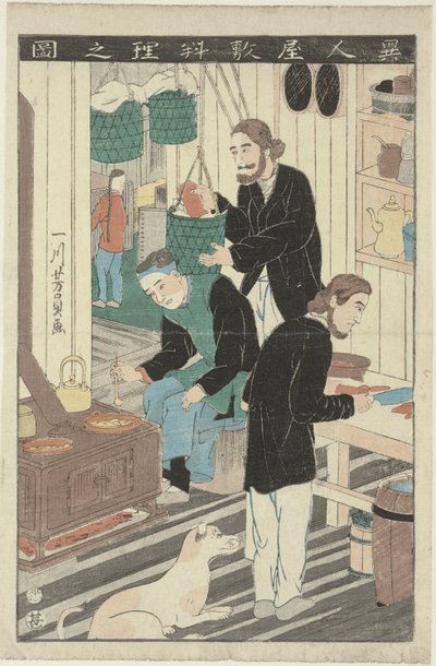 Kjøkkenet i en utlendings hus Ijin yashiki ryori no zu (tittel på objekt) av Utagawa Yoshikazu
